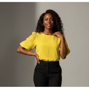 Milk & Honey Pleated Puff Sleeves Round Neck Blouse Size Large Yellow